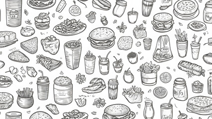 Hand-Drawn Food and Drink Seamless Pattern Burgers, Fries, Smoothies, and More
