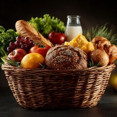 Fresh Groceries in Wicker Basket  Healthy Food  Milk  Fruits  Vegetables  Bread