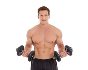 Muscular man holding dumbbells shirtless isolated on transparency background fitness training strength healthy lifestyle confident expression adult male workout concept