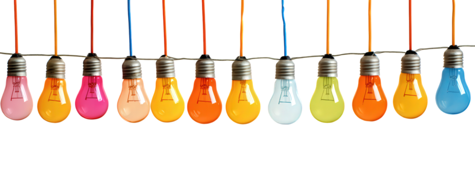 Row of colorful party light bulbs hanging on string, isolated on transparency background, vibrant festive decoration, cheerful mood, various colors, celebration concept, horizontal arrangement
