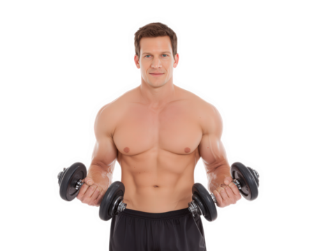 Muscular man holding dumbbells shirtless isolated on transparency background fitness training strength healthy lifestyle confident expression adult male workout concept