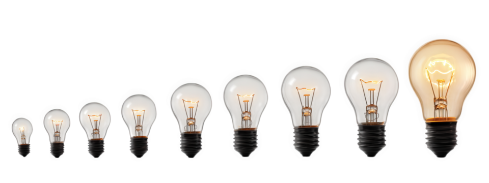 Row of incandescent light bulbs arranged in increasing size on transparency background, glowing bulb at end symbolizes creativity, innovation, and bright idea concept