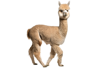 Light fawn young alpaca walking , six months old - Lama pacos, isolated on a transparent or white background
