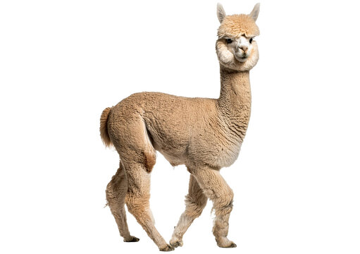 Light fawn young alpaca walking , six months old - Lama pacos, isolated on a transparent or white background
