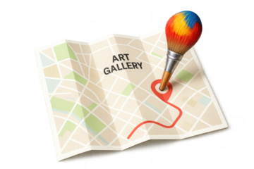 Paintbrush marking art gallery location on city map, red pin highlighting route against transparent surface
