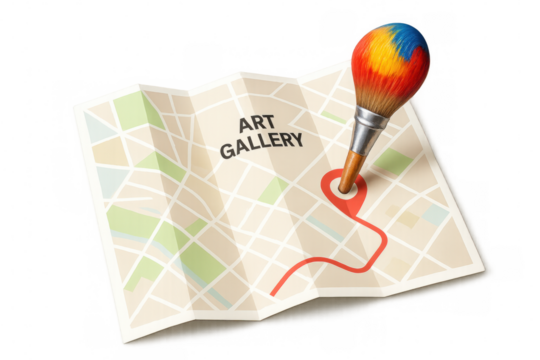 Paintbrush marking art gallery location on city map, red pin highlighting route against transparent surface