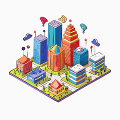 Fototapeta premium Smart City Isometric Illustration of a Vibrant, Technologically Advanced Urban Landscape with AI Integration