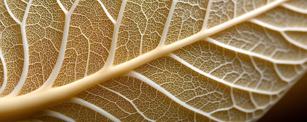 Close-up of a dried leaf showing intricate veins and delicate natural patterns in golden hues.