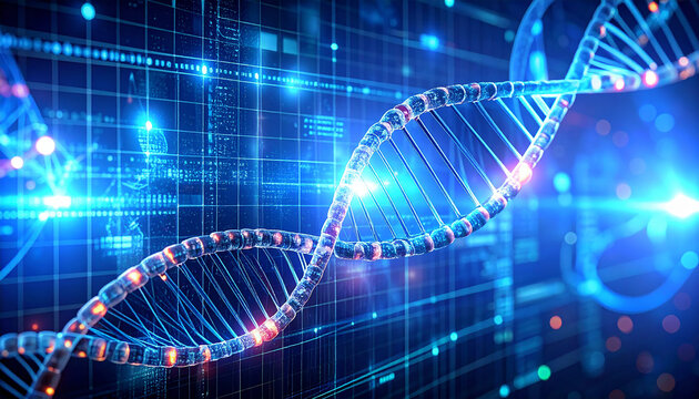 Helix Structure of Scientific Advancement: An artistic representation of a DNA helix, illuminated with digital lights. The helix signifies ongoing scientific discovery and progress in gene.