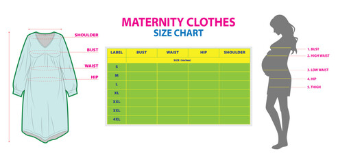 Set illustration of Maternity Clothes Size Chart with Dress Measurement Guide