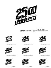 Set of 15-95th years anniversary celebration emblem. congratulations anniversary black logo badge isolated with ribbons on white background. vector illustration template design for web banner
