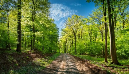 dirt road through beech woods tall trees with green lush canopy beneath a blue sky with clouds renewable resource of ukraine nature scenery with forest cut ahead in spring afternoon light