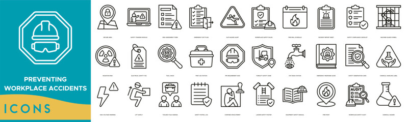 Preventing Workplace Accidents icon set. Secure Area, Safety Training Module, Risk Assessment Form, Emergency Exit Plan, Slip Hazard Alert, Workplace Safety Rules and Fire Drill Schedule