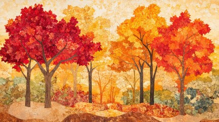 Autumn forest landscape, vibrant colors, patchwork