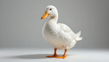 Obraz premium Pristine white duck with bright orange beak and feet, standing alert