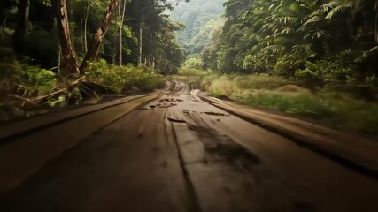 A POV journey following large predator paw prints over tire tracks on a muddy jungle road - Powered by Adobe