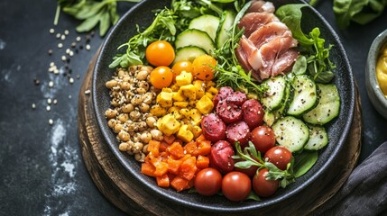 plate of food with vegetables and animal protein, healthy food concept generative ai