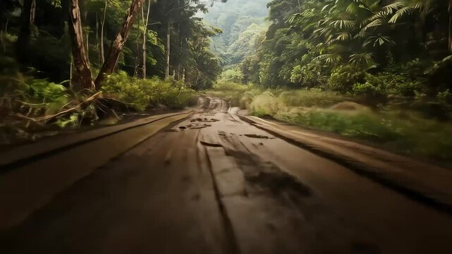 A POV journey following large predator paw prints over tire tracks on a muddy jungle road