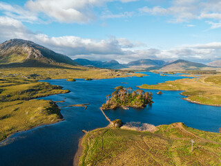 Aerial of Connemara national park with Twelve Pines Island Derryclare Lough.