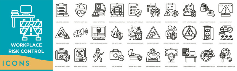 Workplace Risk Control icon set. Hazard Risk Assessment, Protective Safety Gear, Incident Report Form, Emergency Evacuation Plan, Compliance Safety Checklist and Workplace Safety Barrier