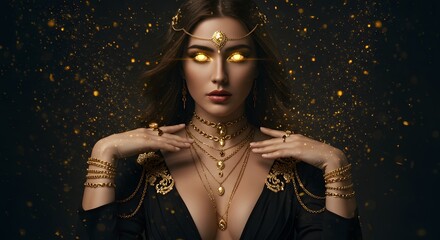 stunning fantasy portrait of a mystical dark-haired woman with glowing golden eyes and flawless skin