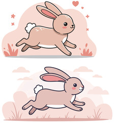  In the forest, a rabbit with a light pink body and a black outline is jumping.