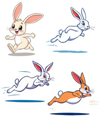 In the forest, a rabbit with a light pink body and a black outline is jumping.