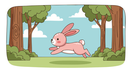  In the forest, a rabbit with a light pink body and a black outline is jumping.