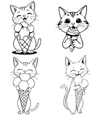 Happy cats and ice cream cone collection. Cute black and white outline vector graphic.