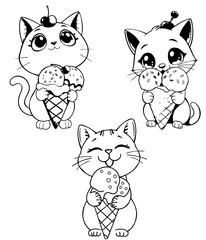 Set of cartoon kittens with dessert. Kawaii animal characters line art for coloring.