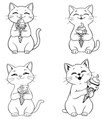 Cute cat eating ice cream. Coloring book page set. Black and white vector illustration for kids.