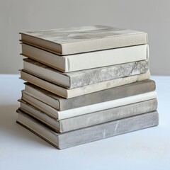A stack of seven hardcover books with neutral-toned covers, neatly arranged on a white textured surface against a plain background.
