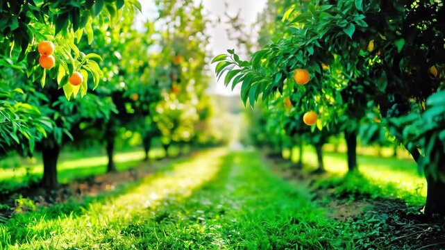 Orange citrus orchard with ripe fruit hanging from green trees. Sunny agricultural grove with pathway between rows of healthy. Fresh organic farming concept.