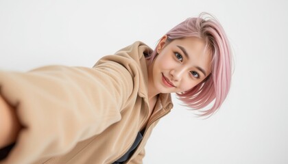 a beautiful young woman in her early 20s, fair skin, taking a selfie with one arm extended toward the camera, her hand and wrist are cropped out of the frame, only her arm is visible reaching forward