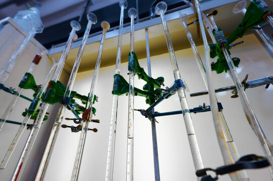 Laboratory setup with various glassware and instruments displayed in a science lab setting