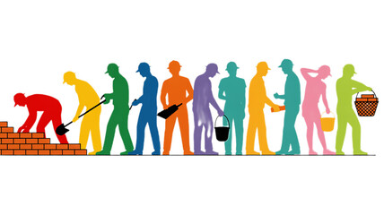 Colorful Silhouettes of Construction Workers Building Brick Wall on Black Background, Illustration