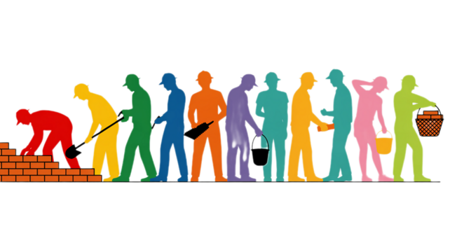 Colorful Silhouettes of Construction Workers Building Brick Wall on Black Background, Illustration