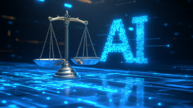 Scales of justice in digital light next to letters AI. Concept of AI ethics, fair rights 