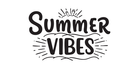 ‘Summer Vibes’ in bold cursive script with sunrays, flip-flops, and wave lines surrounding the phrase