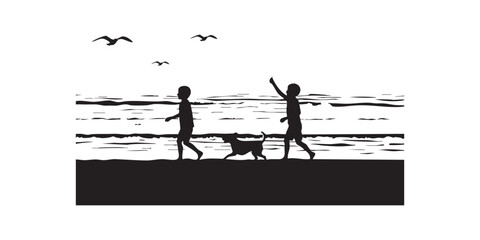 Silhouette of two kids flying a kite on beach with running dog, ocean waves, and seagulls in background