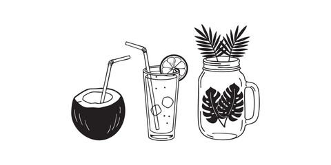 Clean summer drink silhouette set with coconut and straw, tall lemonade glass, and mason jar with leaves
