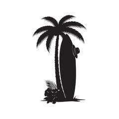 Silhouette of surfboard leaning on palm tree with hibiscus flowers at base and summer hat on board corner