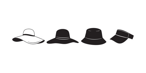 Silhouette collection of summer hats including wide brim sun hat, bucket hat, and visor cap in bold style