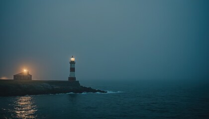 Fototapeta premium Aerial view of lighthouse in the ocean 
