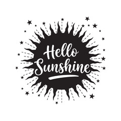 ‘Hello Sunshine’ in bold hand-lettered style with large sunburst silhouette in bright radiant layout