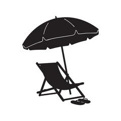 Silhouette of beach chair under umbrella with sandals and watermelon slice resting on sandy ground beside