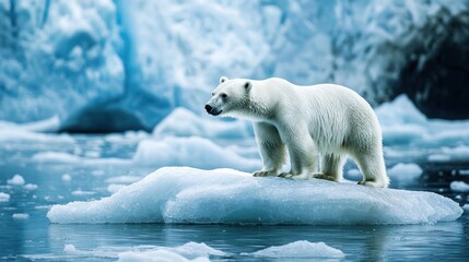 A polar bear standing on an ice floe in a cold, icy environment with icebergs and snow in the background.