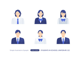 日本人学生のアイコンセット かわいい高校生・中学生の上半身ベクターイラスト素材