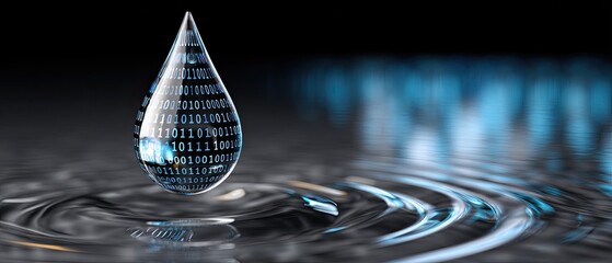 A digital water droplet with binary code falls, creating ripples on a reflective surface, symbolizing data flow and technology.
