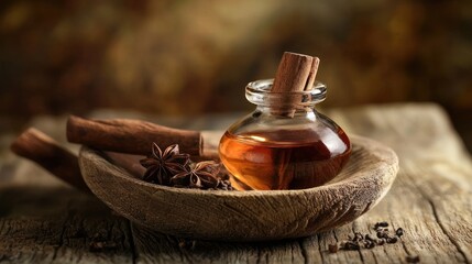 A wooden bowl containing a bottle of essential oil, with cinnamon sticks and star anise on a rustic wooden table with a blurred background.